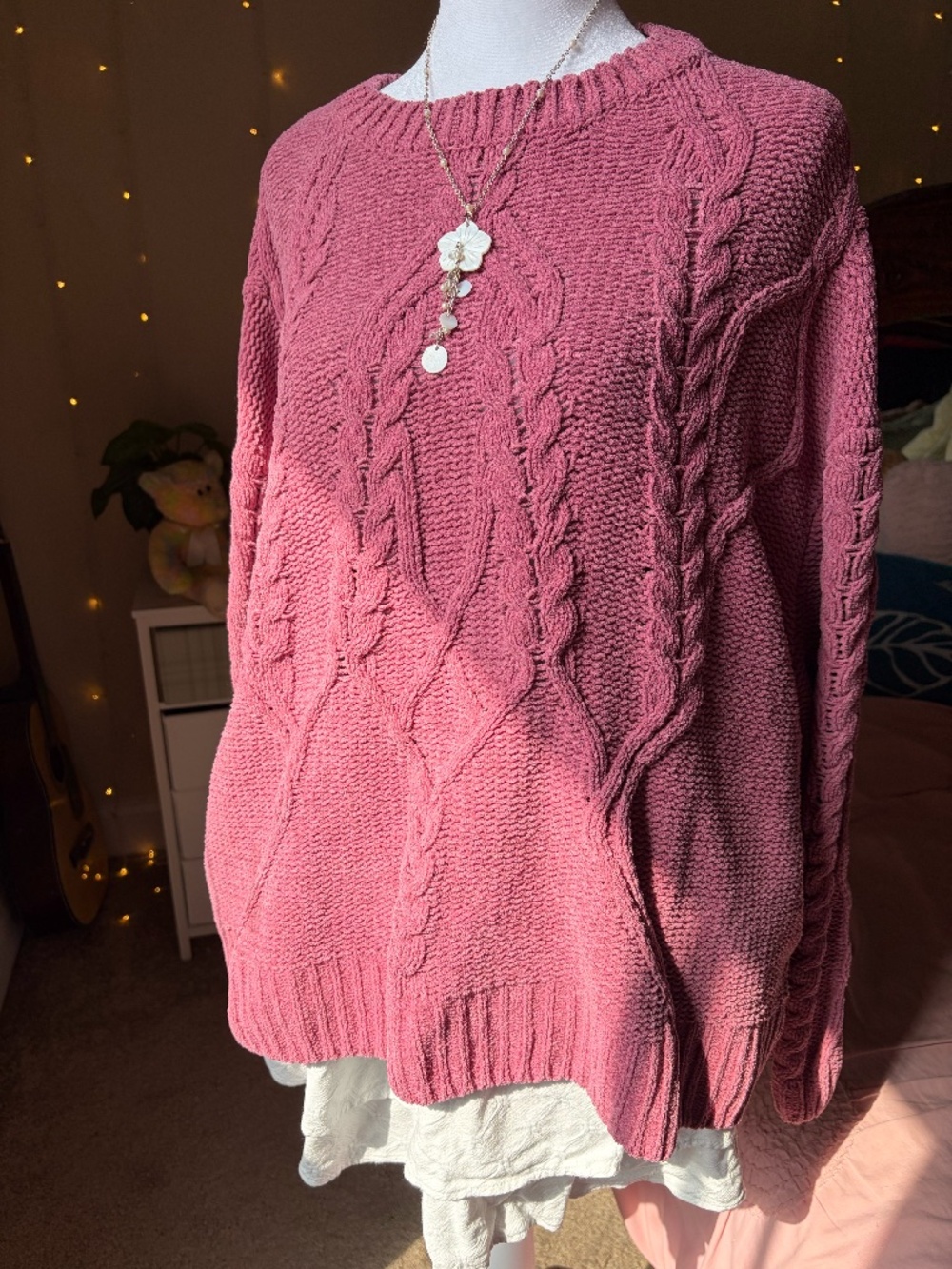 mauve/dusty rose chunky cable-knit sweater